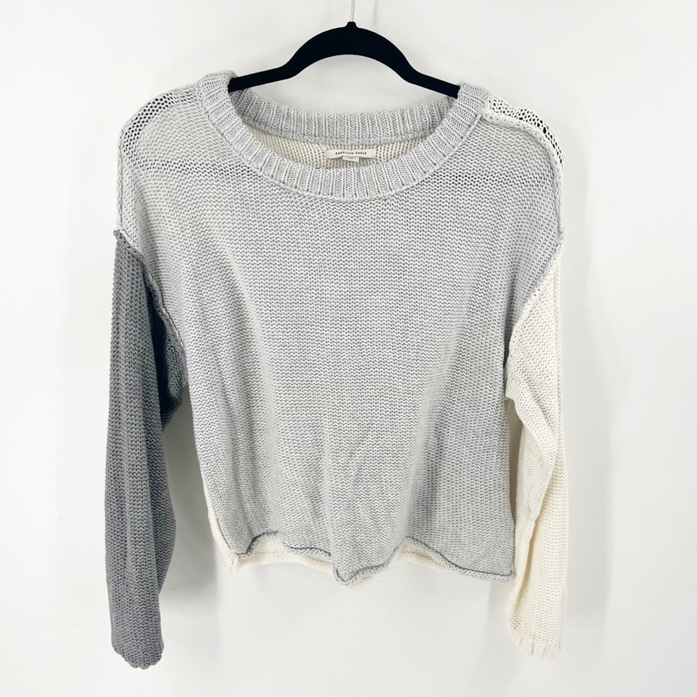 ✅ AMERICAN EAGLE CREW NECK GREY/WHITE/CREAM‎ COLOR BLOCK SWEATER SIZE SMALL